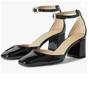 Zszszsu Black Square Toe Ankle Strap Pumps Block Low Heels Prom Wedding Sandal